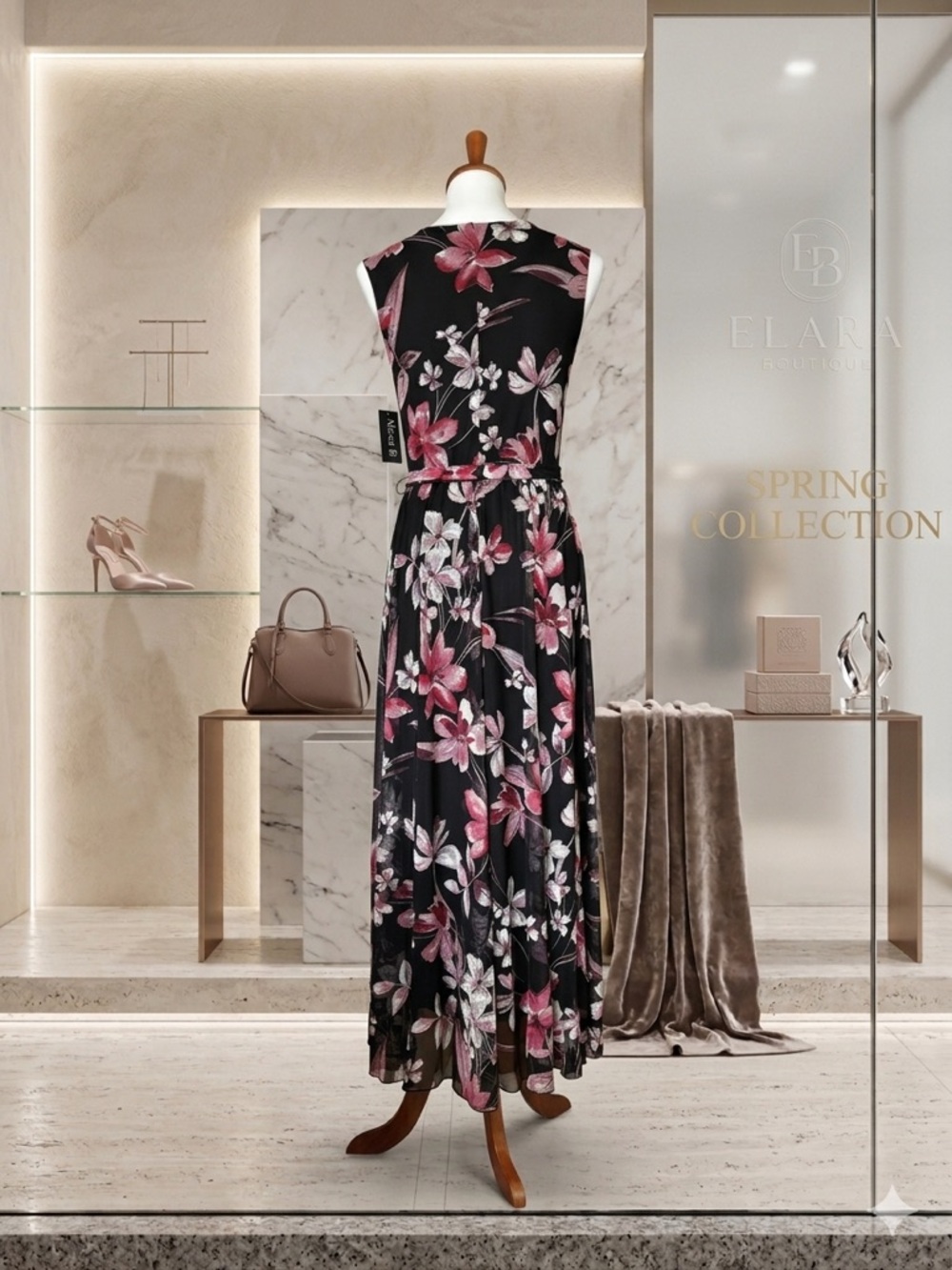 Alexa B. Nites Floral Mesh Maxi Dress Black Pink Petite 6P NWT - Picture 3 of 8